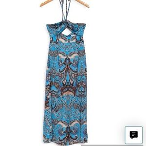 Topshop Strapless Blue and Brown Patterned Dress